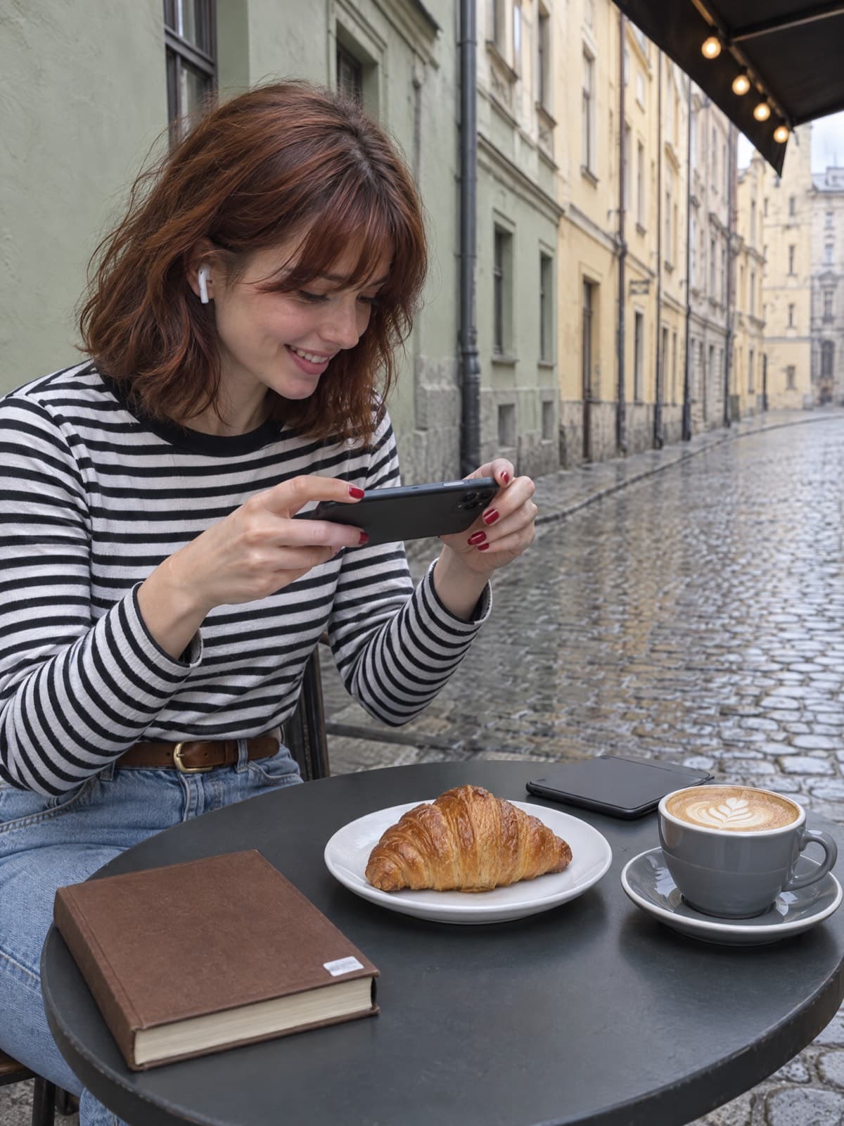 Viajera en un café revisando su teléfono